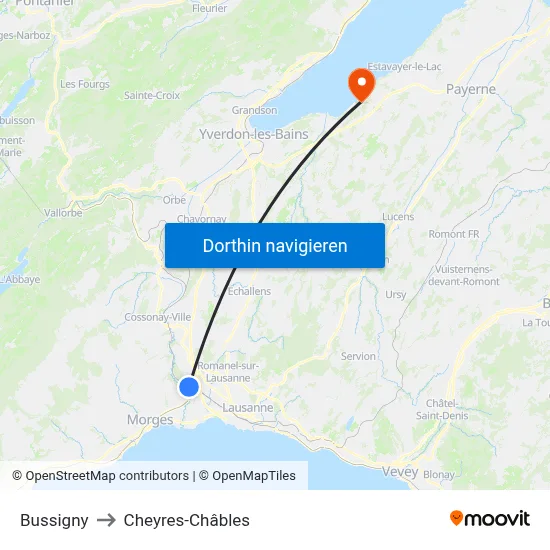 Bussigny to Cheyres-Châbles map