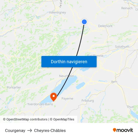 Courgenay to Cheyres-Châbles map