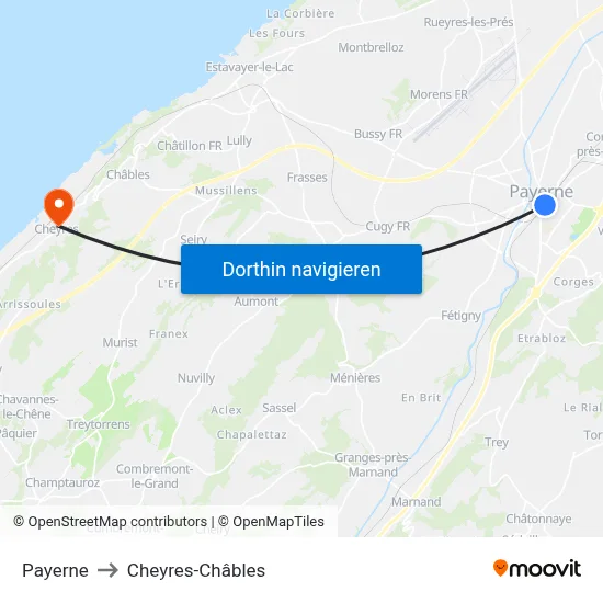 Payerne to Cheyres-Châbles map