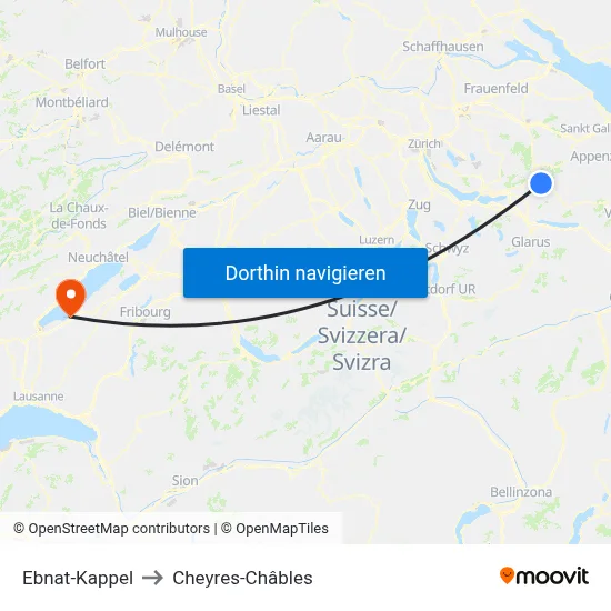 Ebnat-Kappel to Cheyres-Châbles map