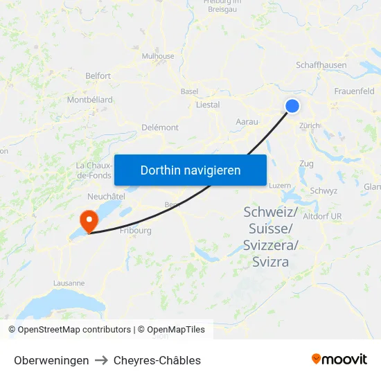 Oberweningen to Cheyres-Châbles map