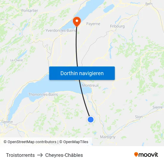 Troistorrents to Cheyres-Châbles map
