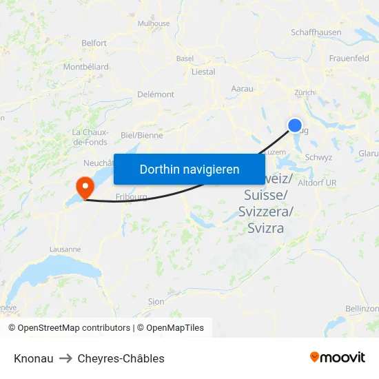 Knonau to Cheyres-Châbles map
