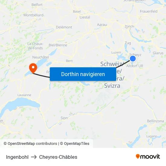 Ingenbohl to Cheyres-Châbles map