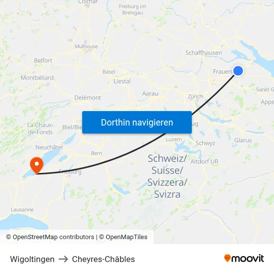 Wigoltingen to Cheyres-Châbles map