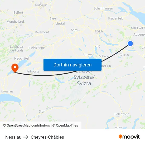 Nesslau to Cheyres-Châbles map