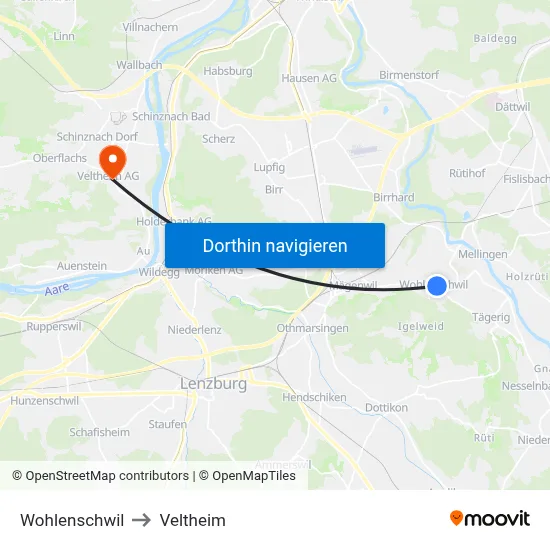 Wohlenschwil to Veltheim map