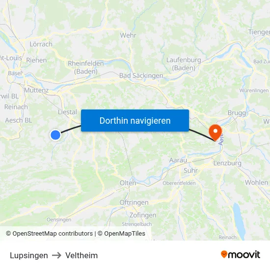 Lupsingen to Veltheim map