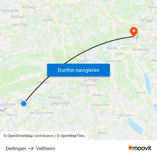 Deitingen to Veltheim map