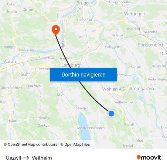 Uezwil to Veltheim map
