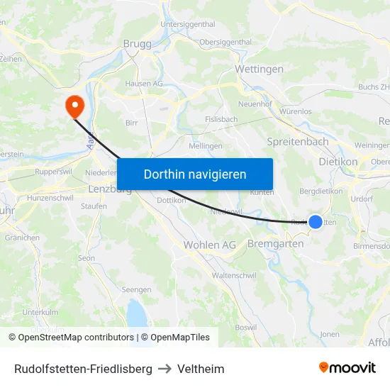 Rudolfstetten-Friedlisberg to Veltheim map