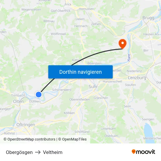 Obergösgen to Veltheim map