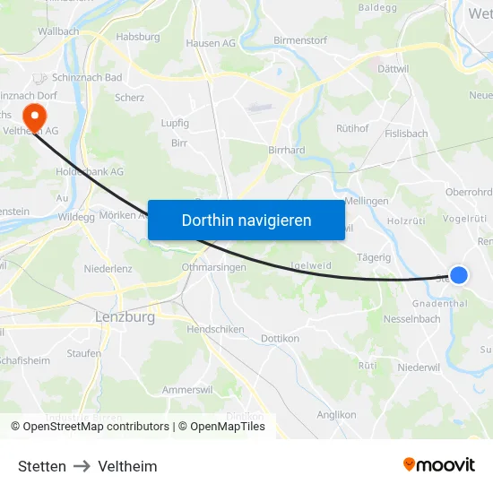 Stetten to Veltheim map