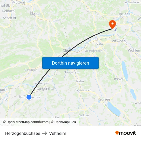 Herzogenbuchsee to Veltheim map