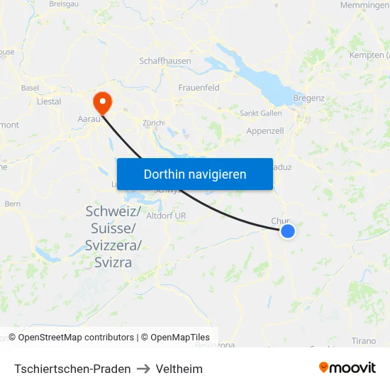 Tschiertschen-Praden to Veltheim map
