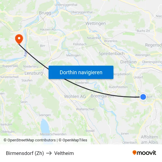 Birmensdorf (Zh) to Veltheim map