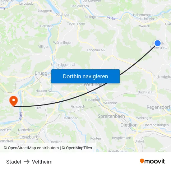 Stadel to Veltheim map