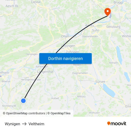 Wynigen to Veltheim map
