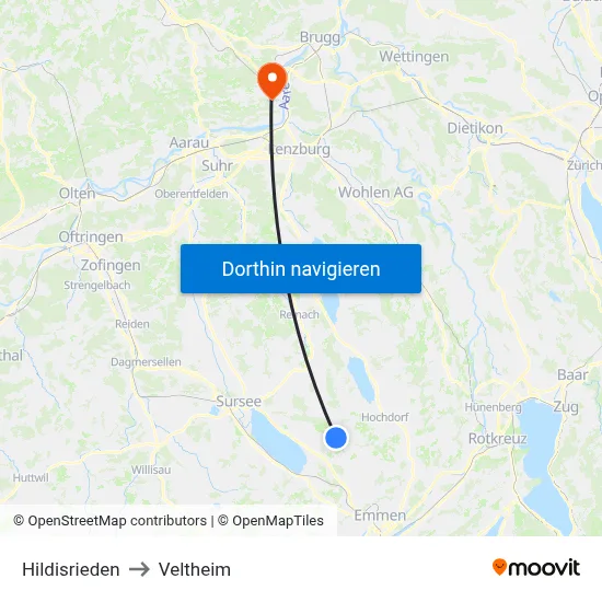 Hildisrieden to Veltheim map