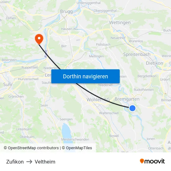 Zufikon to Veltheim map