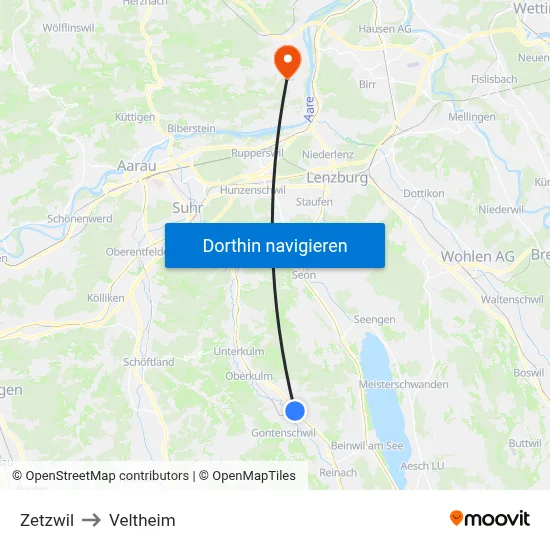 Zetzwil to Veltheim map