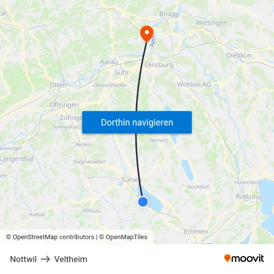 Nottwil to Veltheim map