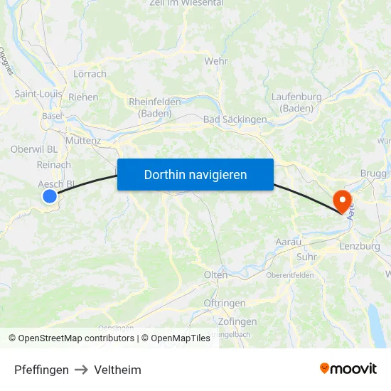 Pfeffingen to Veltheim map