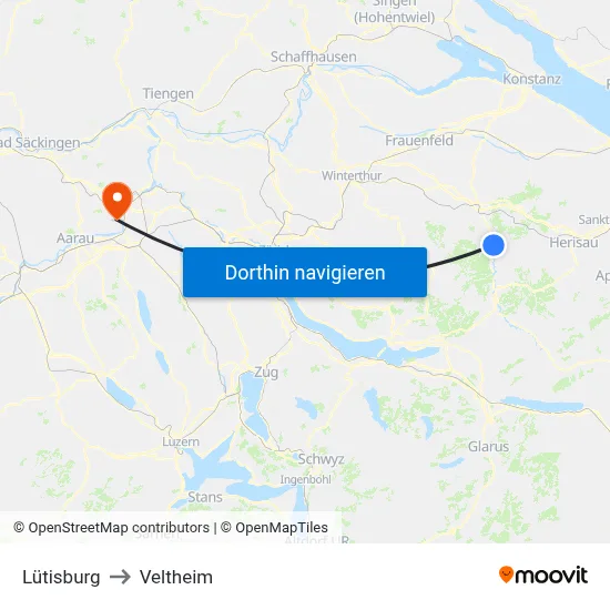 Lütisburg to Veltheim map