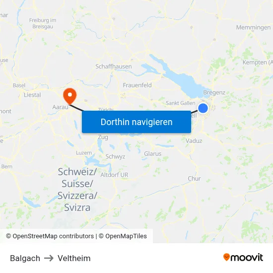 Balgach to Veltheim map