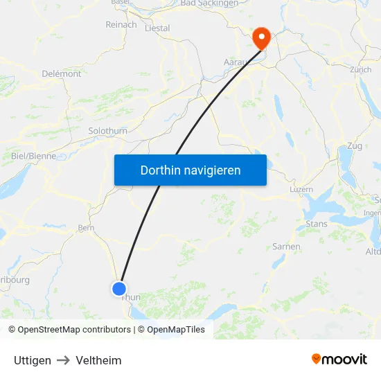Uttigen to Veltheim map