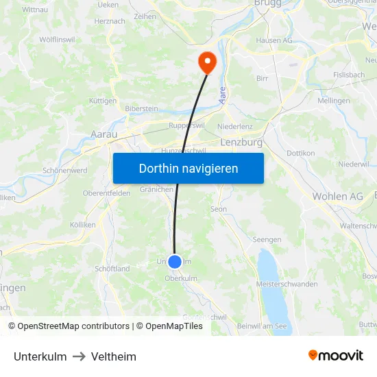 Unterkulm to Veltheim map