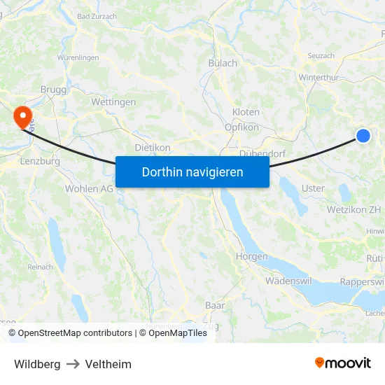 Wildberg to Veltheim map