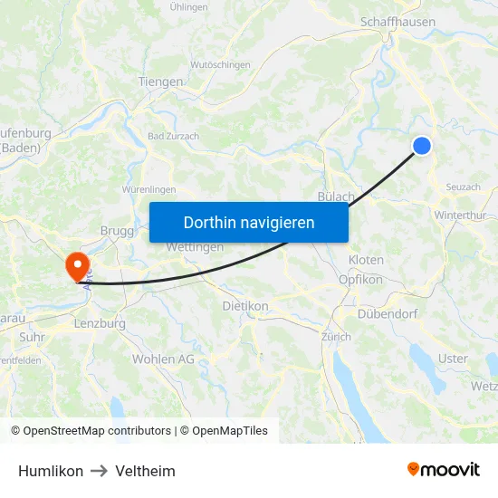 Humlikon to Veltheim map