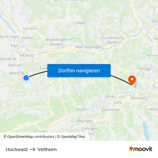 Hochwald to Veltheim map