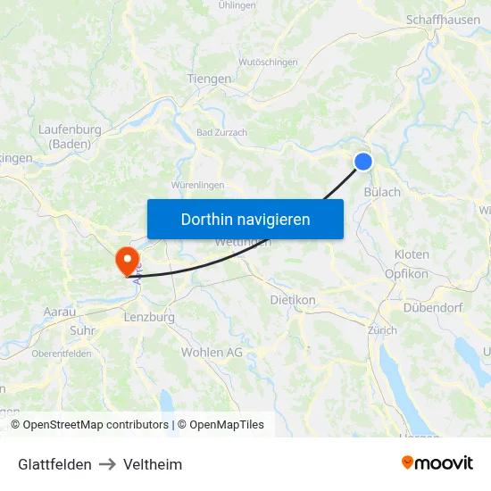 Glattfelden to Veltheim map