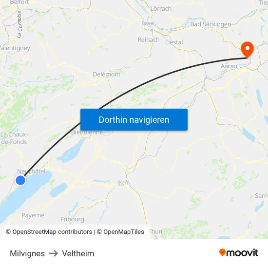 Milvignes to Veltheim map