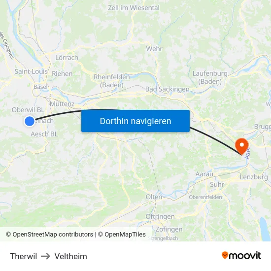 Therwil to Veltheim map