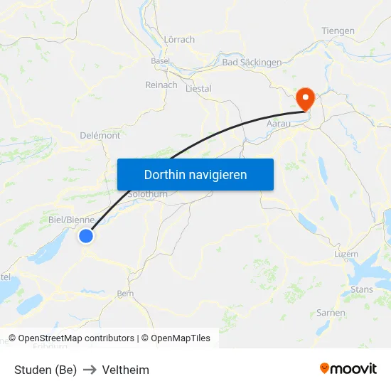 Studen (Be) to Veltheim map