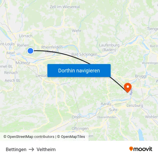Bettingen to Veltheim map