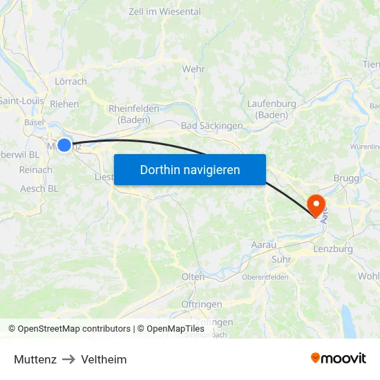 Muttenz to Veltheim map