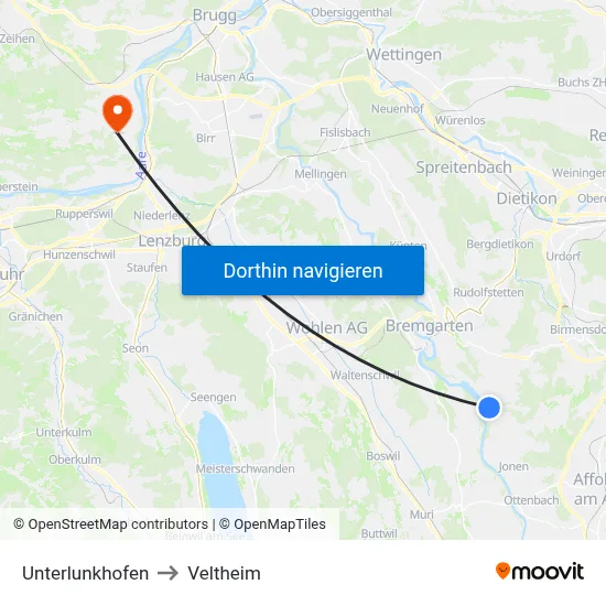 Unterlunkhofen to Veltheim map