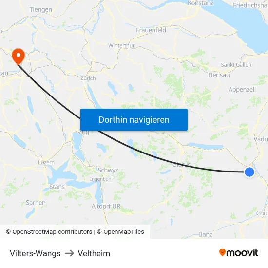 Vilters-Wangs to Veltheim map