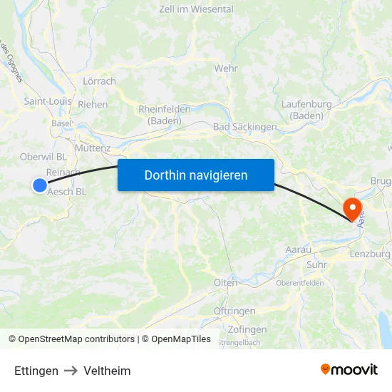 Ettingen to Veltheim map
