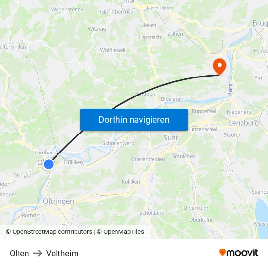 Olten to Veltheim map