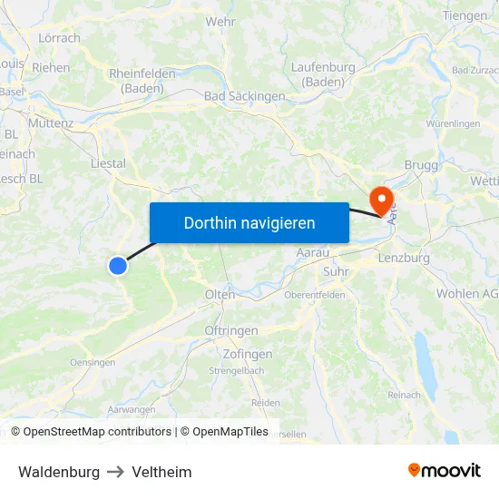 Waldenburg to Veltheim map