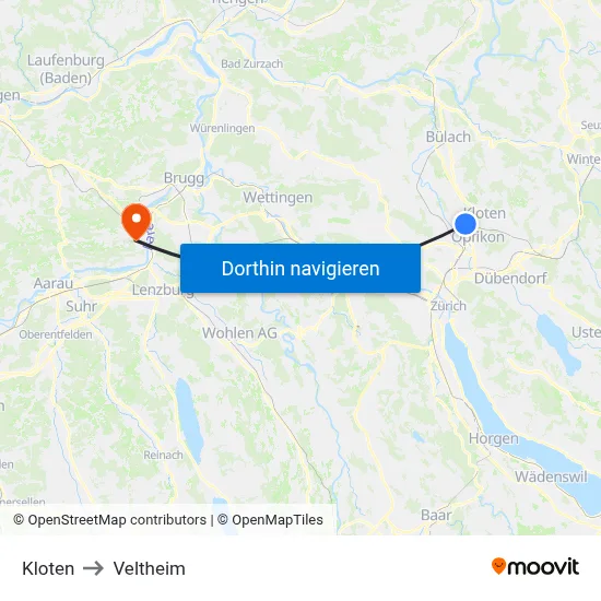 Kloten to Veltheim map