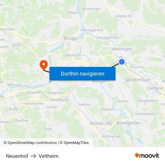 Neuenhof to Veltheim map