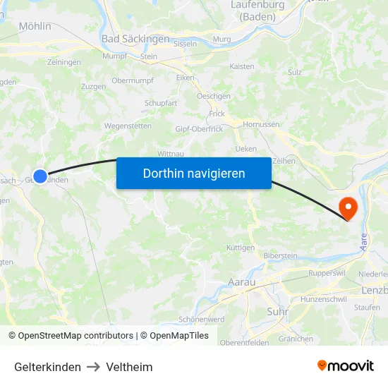Gelterkinden to Veltheim map