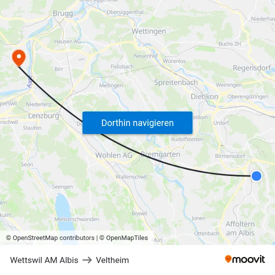 Wettswil AM Albis to Veltheim map