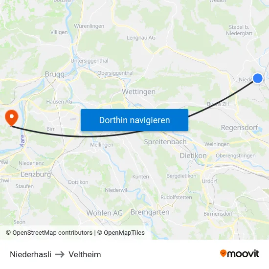 Niederhasli to Veltheim map